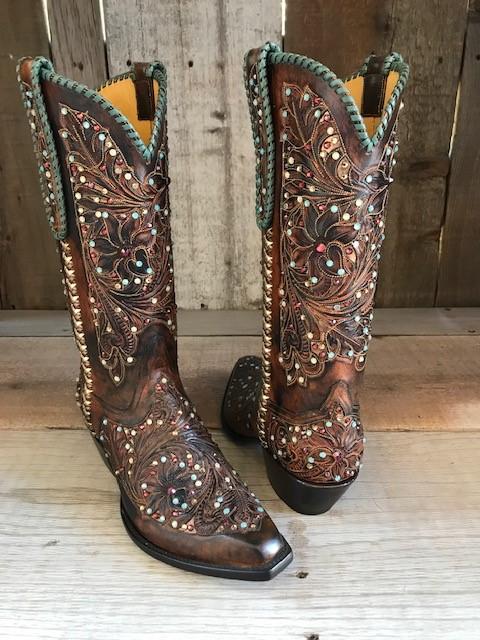 "Jewel" Filigree Tooled , braided Swavorski Crystals " Tres Outlaws Women's Classic Boot 2550