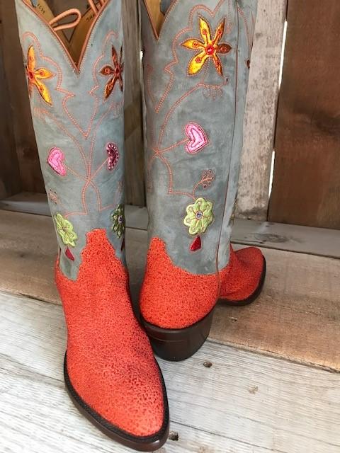 Monica Calf Orange Braided & Flower Overlay Tres Outlaws Women's Classic 2378@
