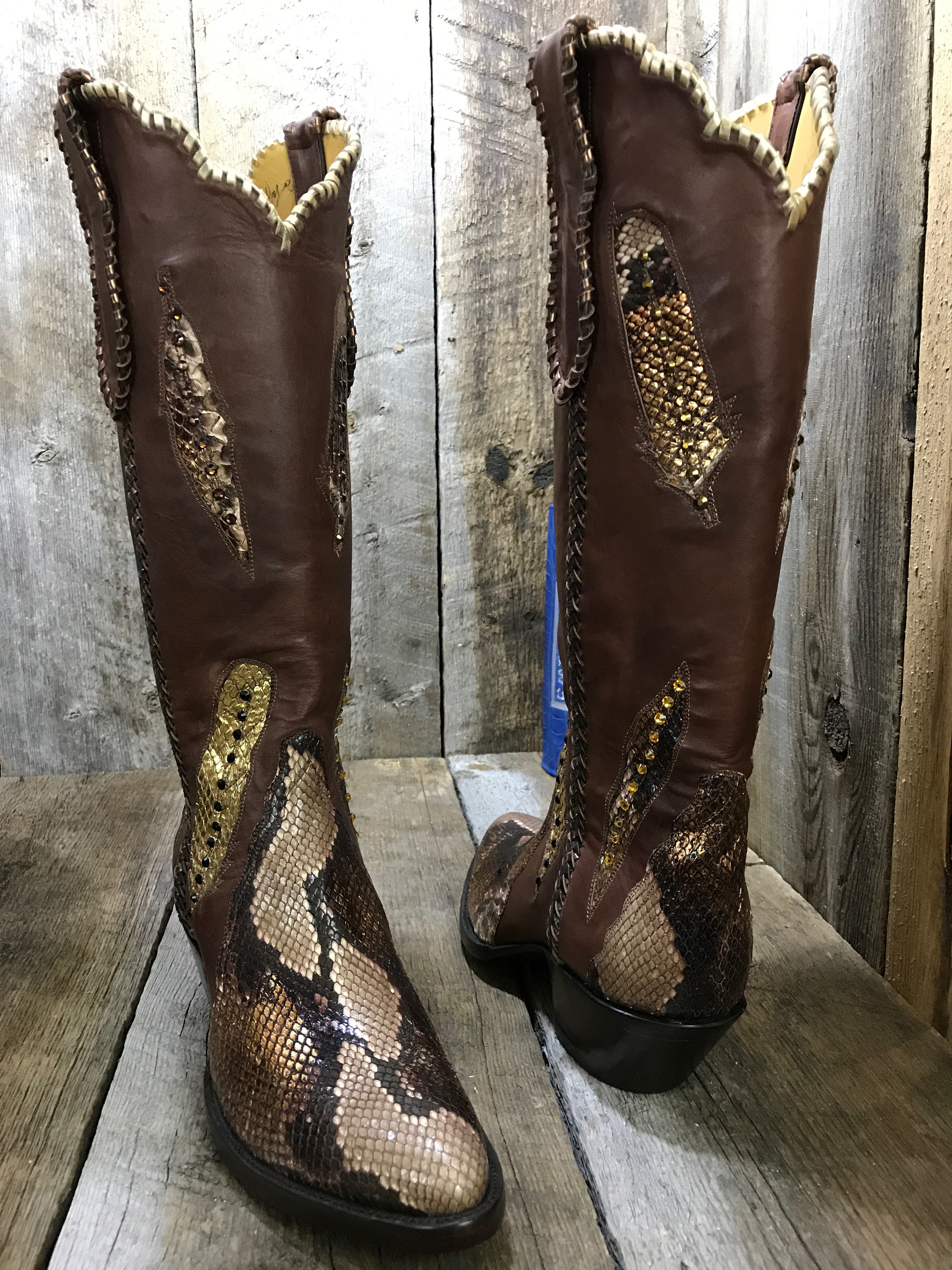 Python & Deer  Brown & Gold Swarovski Crystals Tres Outlaws Women's Classic 1808 @