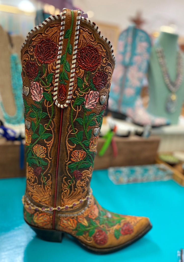"Lady Vine" Hand Tooled Whip Laced in Sterling Silver Hearts 22K & Ruby Boot Bracelet Tres Outlaws Women's Classic 2445*