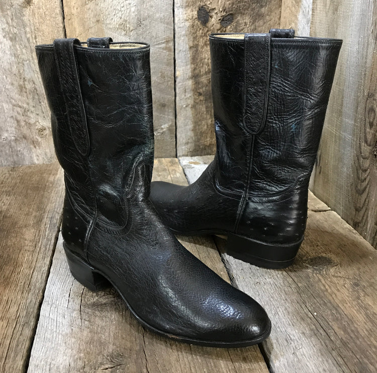 Ostrich Belly & Black Kangaroo Falconhead Women's Classic Short Boot 1016