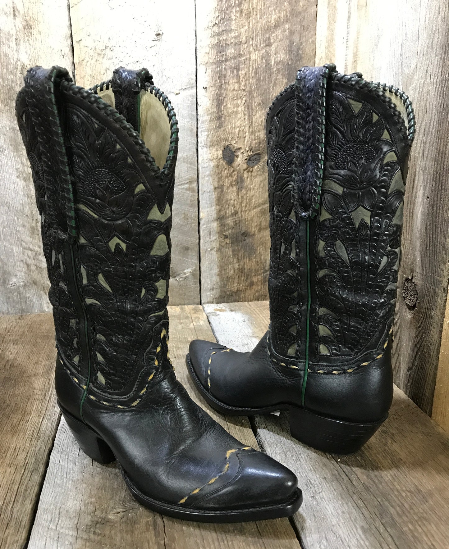 Black Kangaroo Calf Wing Tips Tooled Falconhead Women's Classic Boot 1339 *