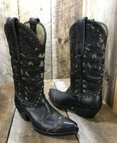 Black Kangaroo Calf Wing Tips Tooled Falconhead Women's Classic Boot 1339 *