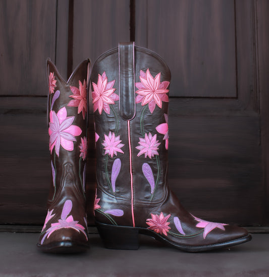 Brown Calf Pink Flowers Women's 806