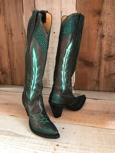 "Green Eel " Kangaroo Feather &  Swavorski Crystals Tres Outlaws Women's Tall Boot 2401@