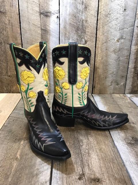"Black Calf  Yellow Roses " Raised Stitch Tres Outlaws Women's Classic Boot 2541*