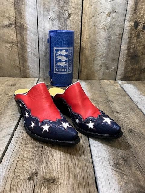 Ostrich Red , White & Blue  Stars Inlay  Mule Tres Outlaws  2419*