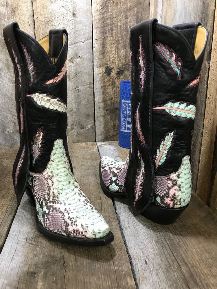 "Doggin' It" , Feathers  Python & Buffalo Tres  Outlaws  Women's Classic Boot 1824 @