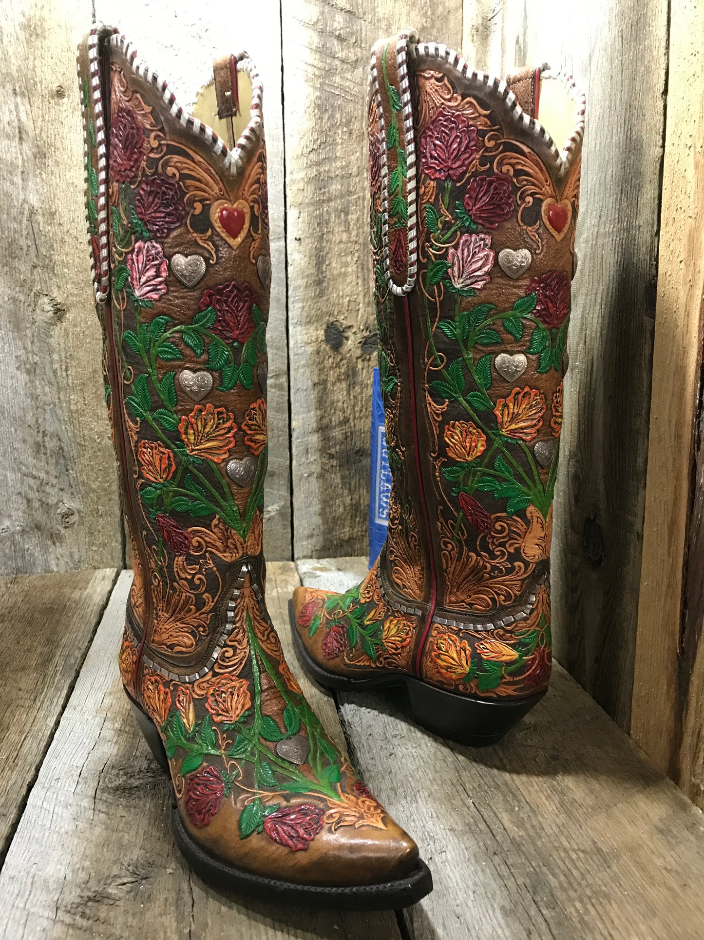 "Missy V " Sterling  Silver Heart & Lacing  Hand Tooled Tres Outlaws Women's Tall  1512