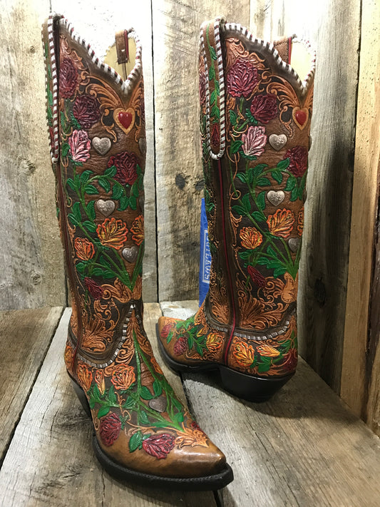 "Missy V " Sterling  Silver Heart & Lacing  Hand Tooled Tres Outlaws Women's Tall  1512