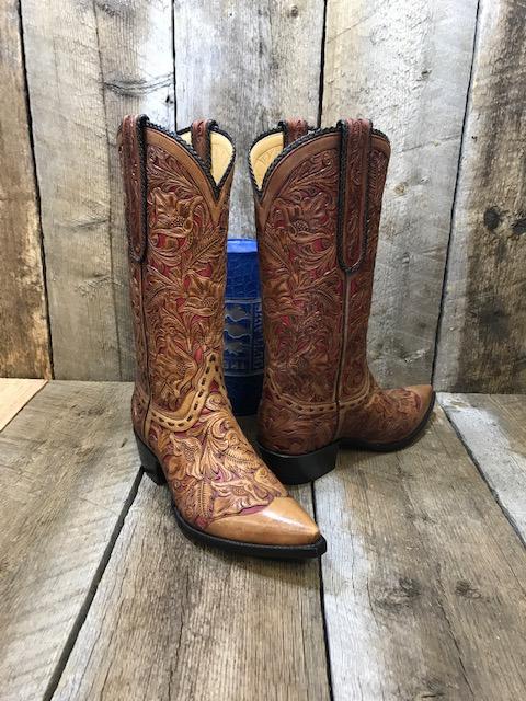 " Tooled Filigree" Brown & Red Tres Outlaws Men's Classic  3516 *