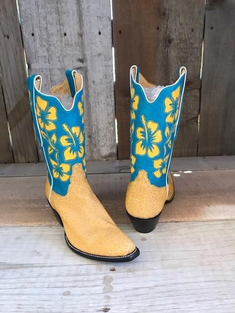 Yellow Pearlized  Calf & Raised Stitching Tres Outlaws Women's Classic Boot 1468@