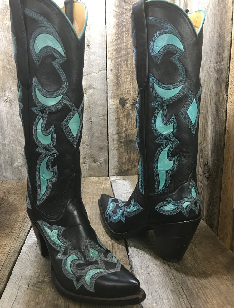 Alligator Black &  Calf Skin Teal Tres Outlaws Women's Classic Boot 1646