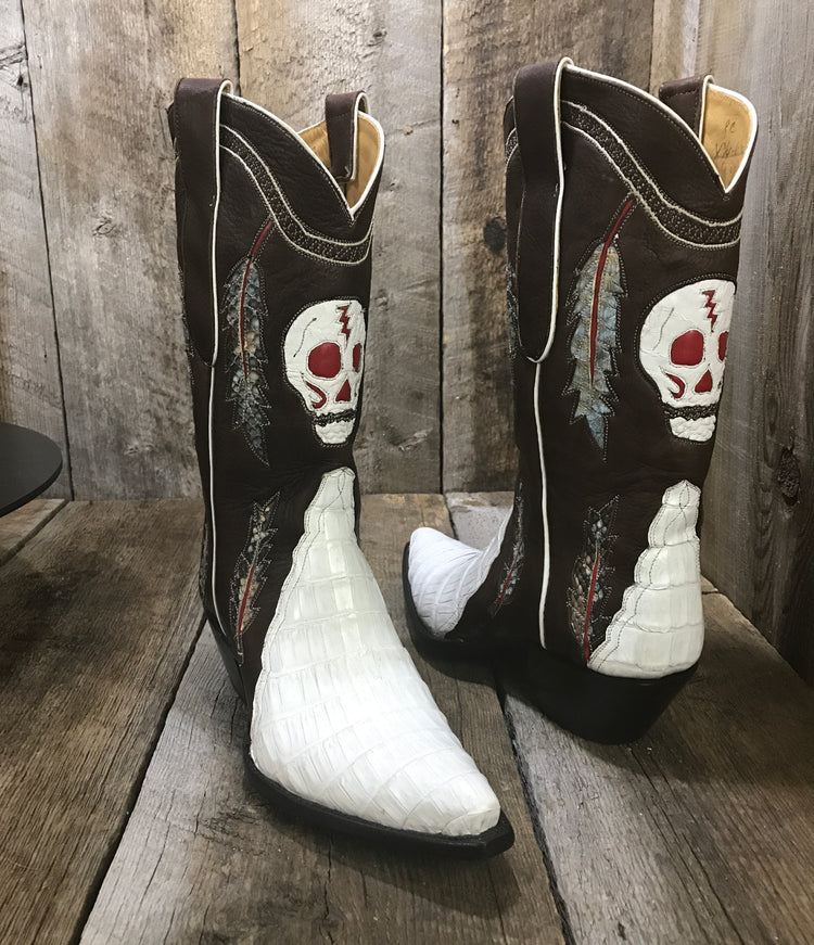 "Crocodile "Tail White Deerskin Tops Skull & Feathers Tres Outlaws Boot 1615