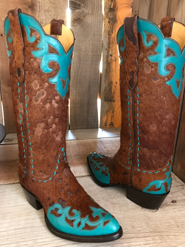 Acid Wash Hair On Calf Turquoise Applique  Tres Outlaws Boot 1539