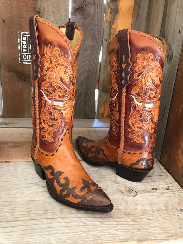 "Long Horn"  Calf Skin Tooled  Tres Outlaws Men's Classic  Boot  3103